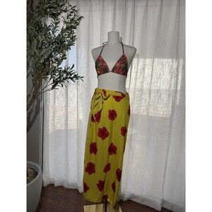 Tropical Hawaiian Yellow & Red Hibiscus Floral Wrap Sarong Skirt One Size Cover